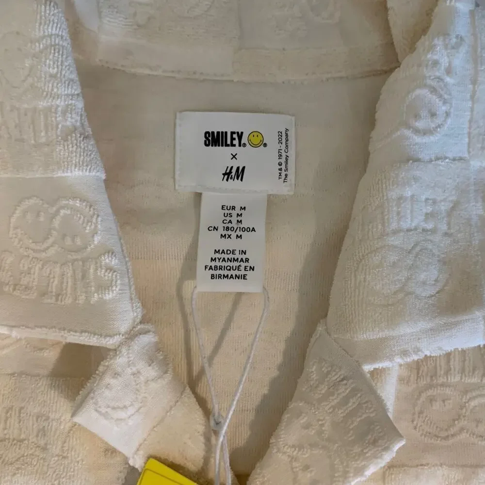 H&M Smiley Shirt Women M Medium Baby Yellow Button Up Relaxed Fit Terry Embossed